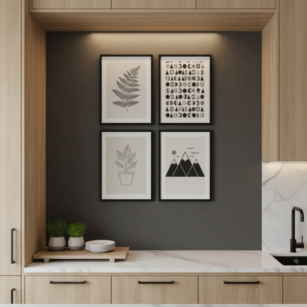 Scandinavian minimalist kitchen art bundle - gallery wall with 4 black framed Nordic prints